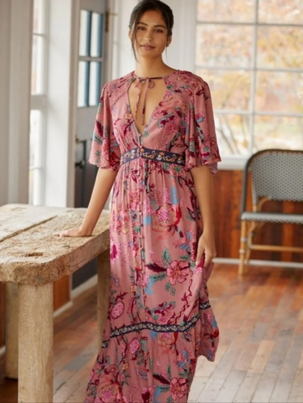 Anthropologie Printed Boho Maxi Dress in Mauve, Plum & Mint